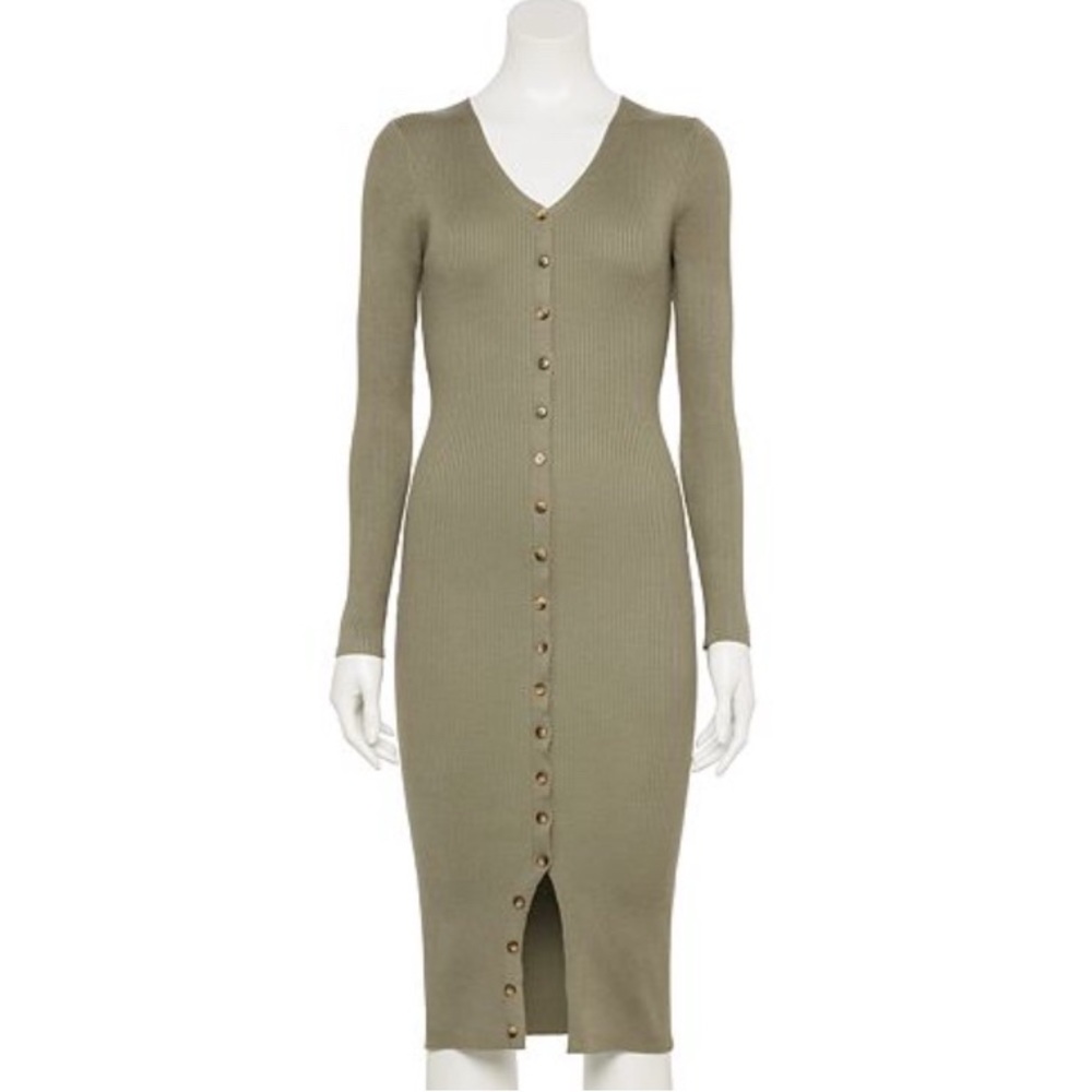 - Harper & Ivy Sweater Dress; Olive Button-Down Ribbed Midi Dress, Sz Jr XL